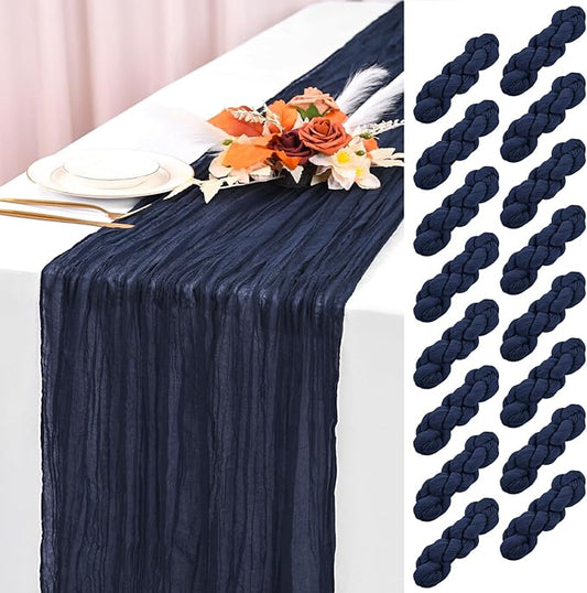 16 Pack Navy Blue Cheesecloth Table Runner 120 Inch 10FT Spring Boho Rustic Sheer Gauze Cheese Cloth Table Runner for Wedding Baby Shower Birthday Party Table Decor