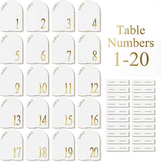 AceOrbit White Wedding Table Numbers 1-20 with Stands 5" x 7" White Acrylic Wedding Signs with Holder Elegant Arch Numbered Signage Tabletop Reception Sign for Anniversary, Banquet, Event Decor