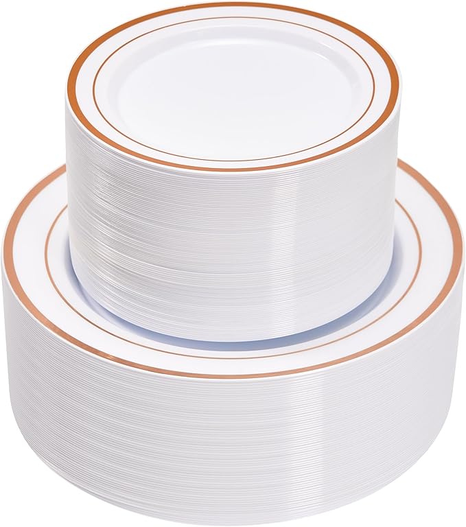 Fijinhom 100PCS Rose Gold Plastic Plates, Disposable Plates with 50PCS 10" Dinner Plates & 50PCS 7" Dessert Plates for 50 Guests, Plastic Party Plates for Wedding, Birthday, Rose Gold