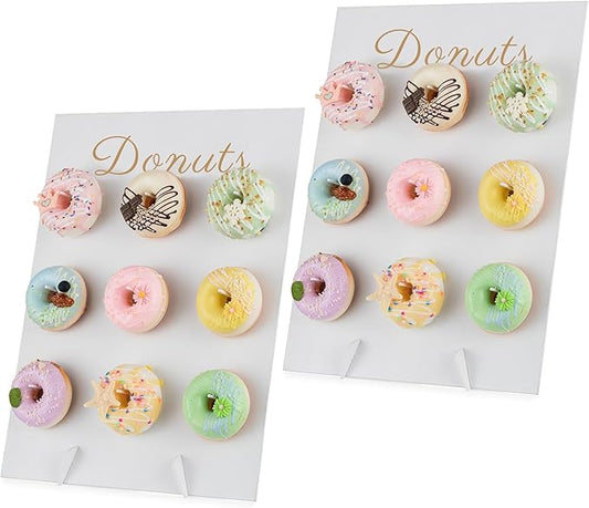 NUPTIO Donut Stand Wall Display: White Donuts Board 2pcs Wood Bagel Holder Reusable Sweet Treat Tower Rustic Doughnut Cake Stands For Party Wedding Birthday Bridal Baby Shower Decorations Supplies