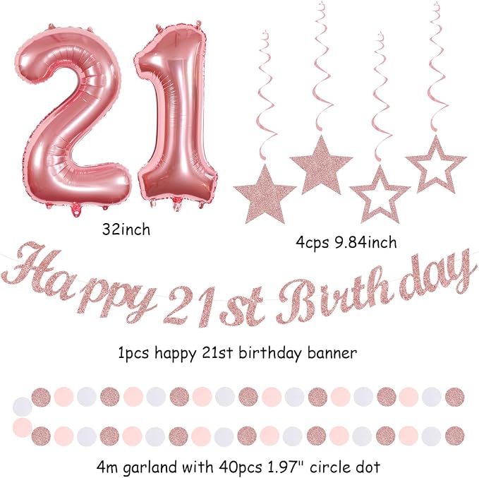 Rose Gold Light Pink White 21st Happy Birthday Party Decorations Hugmoon | 21pcs Kit 30th Balloon,Cute Girl Banner,Streamers,Tissue Paper Pom Poms Flowers Fans,Birthday Garlands Decor Backdrop