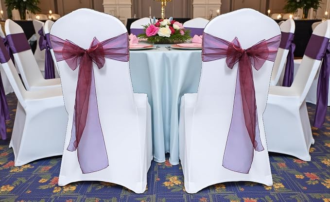 MDS® Pack of 10 Organza Chair Sashes for Wedding Decoration, Reusable Sheer Chair Bows for Banquet Chair Cover, Reception, Bridal Shower, Baby Shower, Birthday Party & Special Events - Burgundy