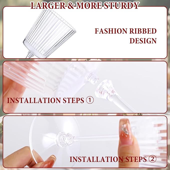 LIYH 20 Pcs Plastic Ribbed Wine Glasses 13.5 Oz,Plastic Goblets Vintage Style Ribbed Drinking Glasses for Wedding Reception,Grand Event Party Supplies for Birthday (20 Guests)