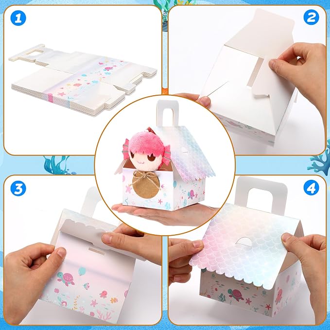 Spakon 100 Pcs Adopt a Mermaid Pet Party Favors Mini Mermaid Plush Toy Assortment with Gift Box House Small Animal Plush Animal Stickers for Kids Goodie Stuffers Pinata School Carnival Prize