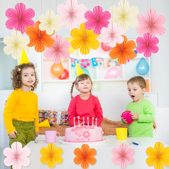 DODOKIM Paper Fans Party Decorations Paper Flowers Decorations for Wall Floral Backdrop Classroom Baby Shower Birthday Party Flower Wall Decor Pack of 18 Pink Orange Yellow