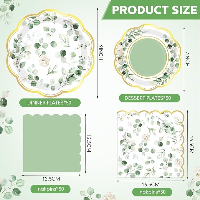 Funnymoom 200 Pcs Eucalyptus Party Supplies Kit Sage Green Disposable Paper Dinner Dessert Plates Luncheon Napkins and Beverage Napkins for Birthday Baby Shower Bridal Shower Wedding Party 50 Guests