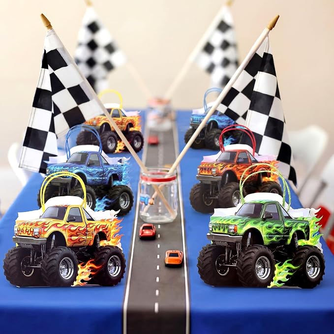 Tosstuki 12 Pcs Monster Truck Party Favor Bags 3D Paper Goodie Treat Bags with Handles 4 Vibrant Designs Kraft Paper Candy Decorations for Monster Truck Themed Party Decorations & Supplies