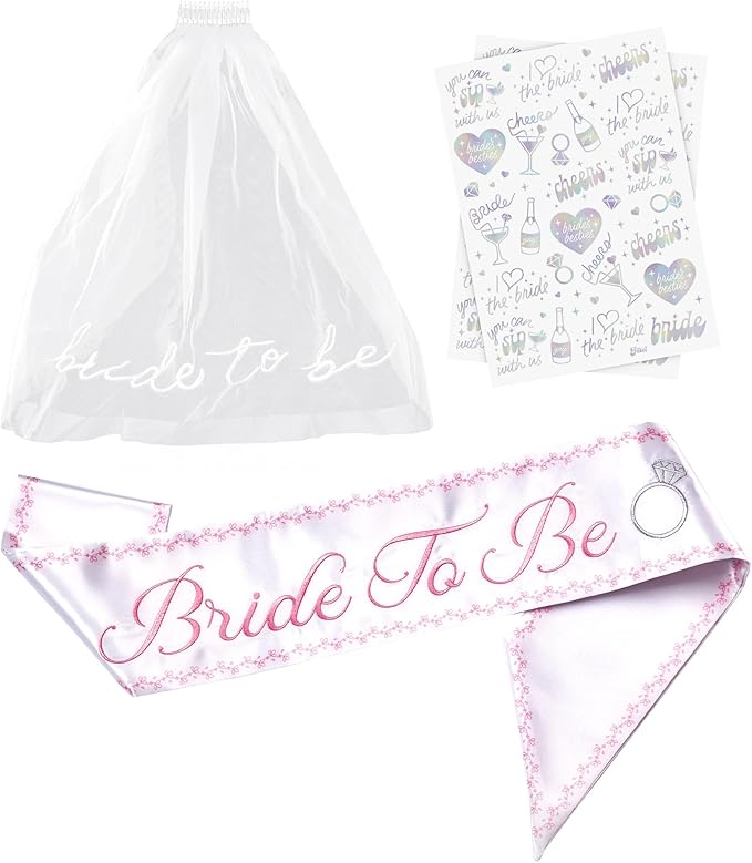 Luxury Bride to Be Sash Set – Embroidered Sash with Colored Trim, Embroidered Veil & Temporary Tattoos – Bridal Shower Hen Night Bachelorette Party Accessories