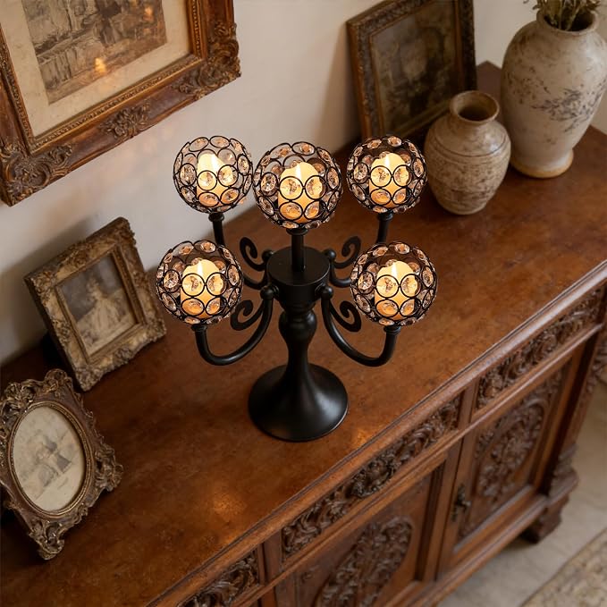 5 Arm Metal Crystal Candelabra Centerpiece - 13.4 Inch Elegant Candle Holder with Crystal Beads for Wedding Party Christmas Home Dining Table Decoration (1, Black)