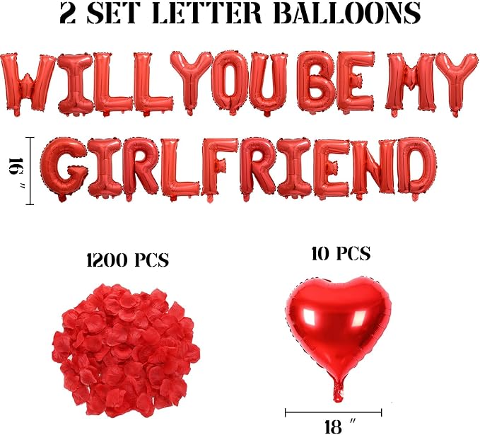 2 Set Red Will You Be My Girlfriend Balloons - 42pcs 16" Letter Balloons 1200pcs Red Artificial Rose Petals 10pcs 18" Heart Balloon Alphabet Foil Mylar Balloon for Valentines Day Decorations
