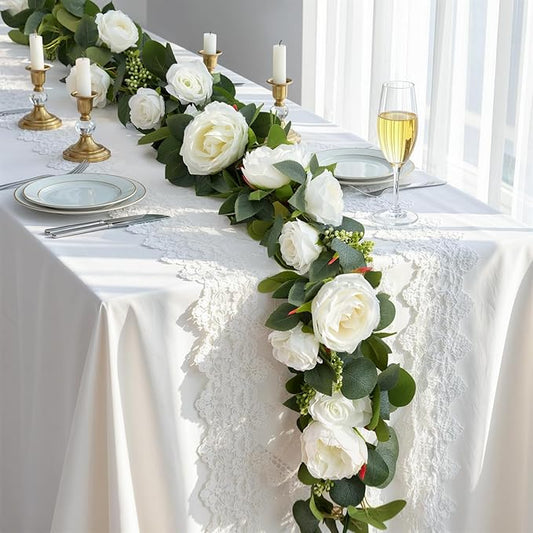 Lewondr Artificial Eucalyptus Garland with Flower - 4 Rose 4 Peony, 6FT Faux Floral Greenery Garlands Fake Flowers Vines, Maintenance-Free for Wedding Table Shelf Backdrop Party Room Decor, White