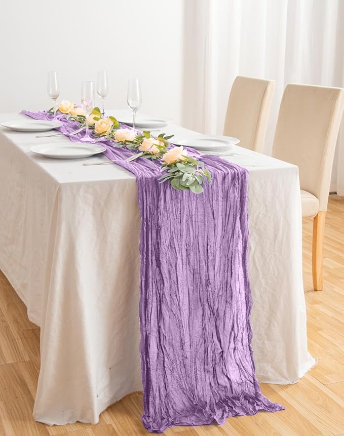 20 Pack Lavender Cheesecloth Table Runner 17x108 Inch Boho Wrinkled Sheer Gauze Cheese Cloth Table Runner Bulk Decor for Wedding, Bridal Shower, Birthday Party