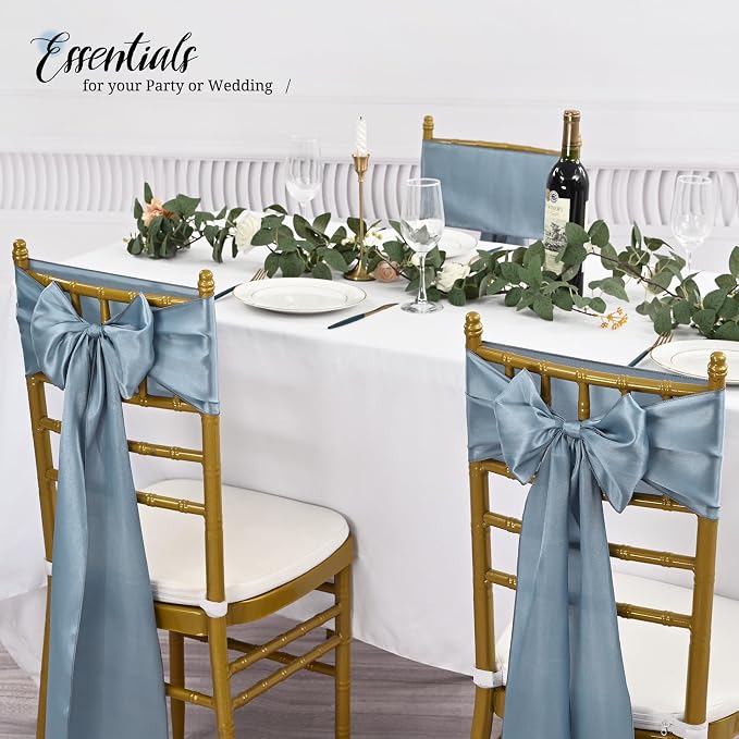 Pesonlook 60 PCS Dusty Blue Satin Chair Sashes Bows Satin Chair Sashes Universal Chair Cover for Wedding Reception Restaurant Event Decoration Banquet,Party,Hotel Event Decorations (7 x 108 inch)
