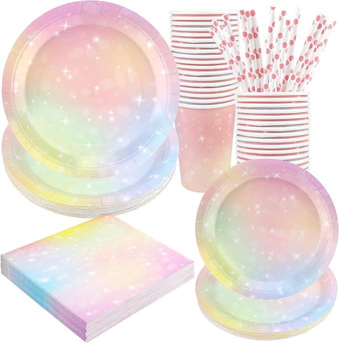 Recheel Pastel Birthday Party Supplies Decorations, Rainbow Theme Birthday Paper Plates and Napkins Set with Cups and Straws for 24 Guests, 120 Pcs Disposable Party Dessert Dinnerwares
