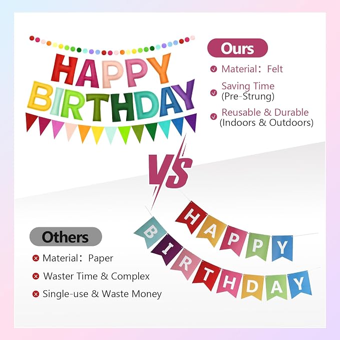 Pre-Strung Happy Birthday Banner - Rainbow Birthday Decorations, 3PCS Felt Birthday Day Sign,Ball Garland,Triangle Bunting,Reusable Colorful Banner for Party Decor Girls Boys Kids Women Men