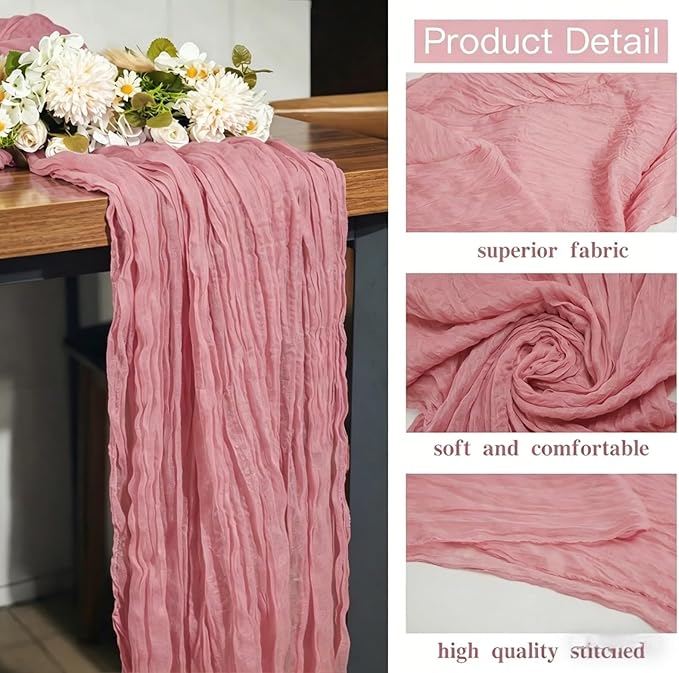 16 Pack Dusty Rose Cheesecloth Table Runner 10FT, Boho Gauze Cheese Cloth Table Runner Long Rustic Sheer Dusty Pink Table Runners for Wedding Bridal Baby Shower Birthday Party Table Decorations
