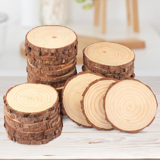 40 PCS 4.7-5.5 Inch Natural Wood Slices, Unfinished Pine Wood Circles with Barks for Coasters, DIY Crafts, Christmas Rustic Wedding Ornaments and Centerpieces,by GNIEMCKIN.