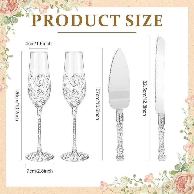 Ceenna 4 Pcs Wedding Toasting Flutes and Cake Server Set Elegant Champagne Glasses and Knife Server Set Gifts for Bride and Groom Anniversary Wedding Reception Supplies (Silver)