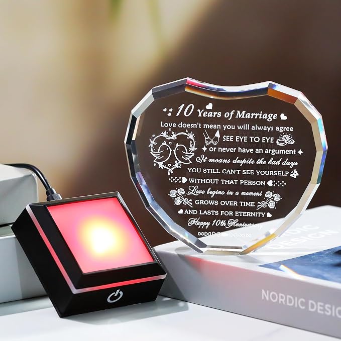 Arikyrist 10th Wedding Anniversary Crystal Heart Gifts for Couple, Laser Engraved Happy 10th Anniversary Crystal Gifts for Wife Husband, Romantic 10 Years of Marriage Gift for Him Her Friends