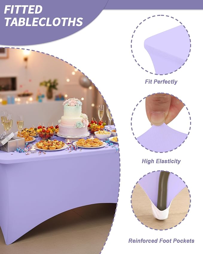 Fixwal Lavender Stretch Table Cloth Rectangle 2 Pack 6Ft, Spandex Fitted Table Covers Washable for Party, Trade Show, Banquet, Wedding, Buffet