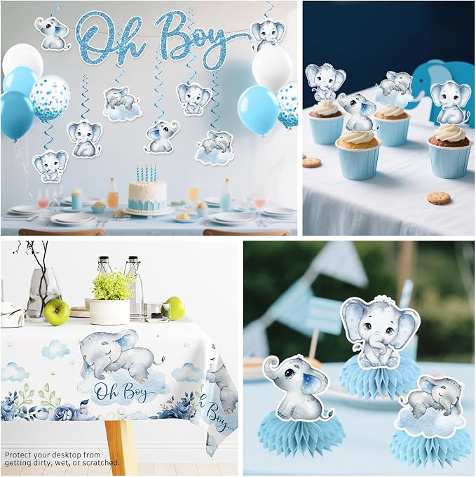 Xynic 356pcs Elephant Baby Shower Decorations Complete tableware Set, for 25 Guests, Blue Elephant Baby Shower Decoration Boy, includes Disposable Plates and Napkins, Banner, Tablecloth