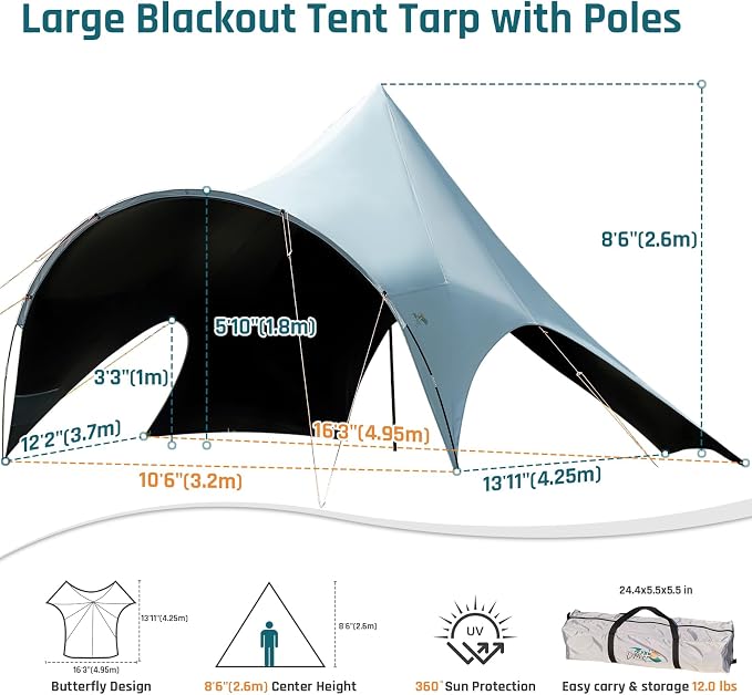 Blackout Camping Canopy Waterproof Tent Tarp with Poles Sun Shade Shelter for Outdoor Camping Backyard Picnic, Included Guy Lines & Luminous Tent Stakes, Gray