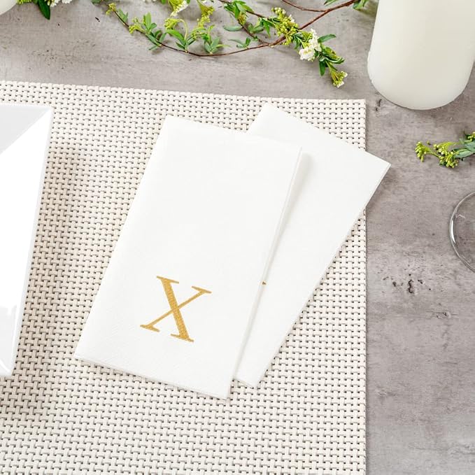 Luxenap 15.8 X 7.9 Inch Linen-Feel Guest Towels, 2000 Lettered Hand Towels - Gold Letter 'X', Sans Serif Font, White Paper Dinner Napkins, airlaid, For Restrooms And Tables - Restaurantware