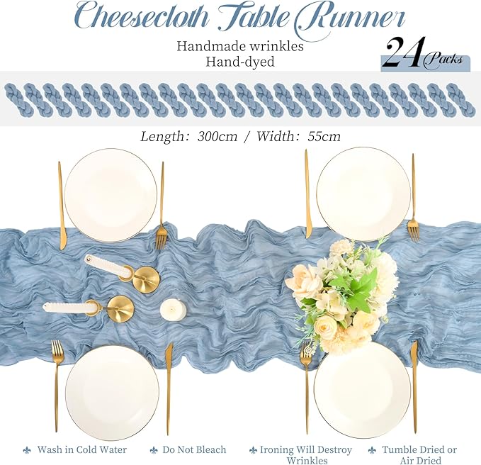 24 Packs Dusty Blue Cheesecloth Table Runner, 10 Ft Rustic Gauze Boho Wedding Table Runner Decoration, Wedding Table Decor Table Cloth for Wedding Party Bridal Shower Table,21.5x120in