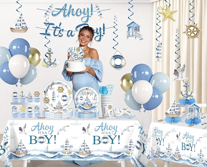 Xynic 205Pcs Ahoy Its a Boy Baby Shower Decorations Set - Serves 25 - All-in-One Nautical Party Decorations Kit with Balloons, Banner, Cake Topper, 350gsm Plates, Tablecloths, Backdrop