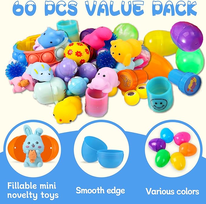 60PCS Prefilled Easter Eggs with Toys Inside, Easter Basket Eggs Filled Stuffers, Easters Theme Party Favors Fidget Hunting Assortment Toys, Treasure Box Party Supplies