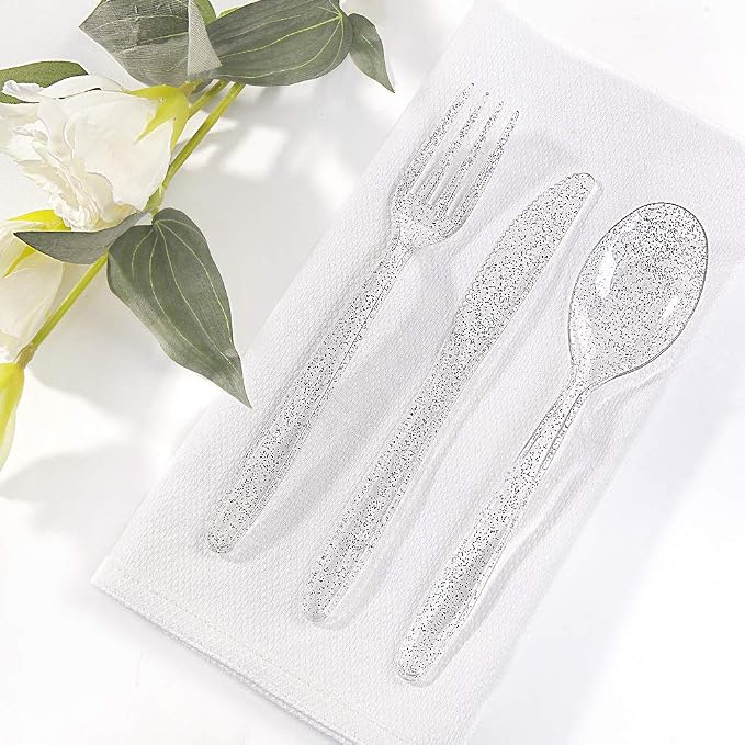 WDF 360 Silver Plastic Silverware- Disposable Silver Glitter Plastic Cutlery - Disposable Silverware including: 120Forks, 120Spoons, 120Knives for Christmas