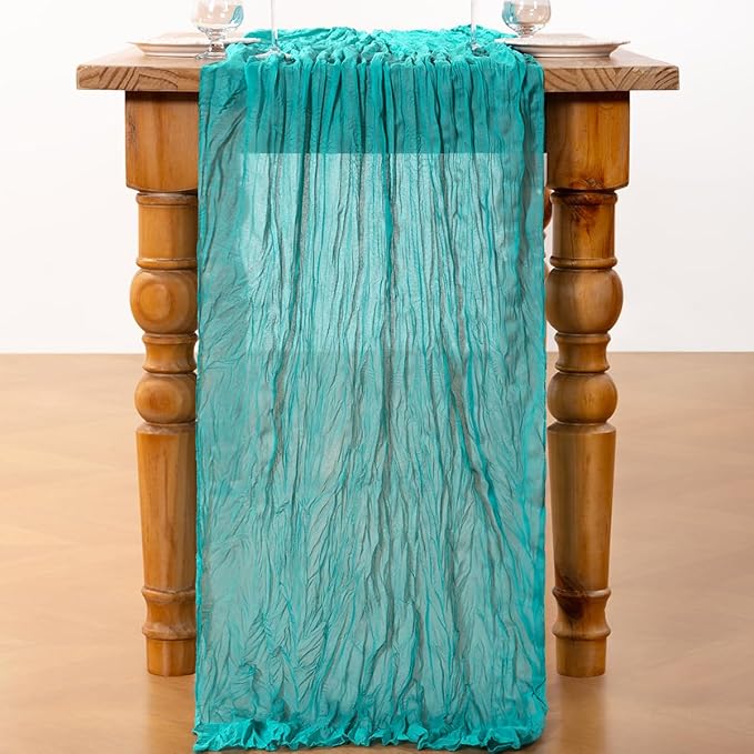 DeZerlor Teal Green Cheesecloth Table Runner Spring Easter Table Runner Boho Gauze 120 Inches Turquoise Cheese Cloth Table Decor for Wedding Bridal Baby Shower Parties