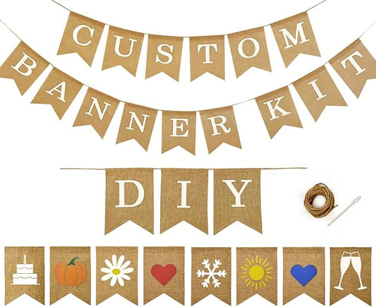 Custom Banner Kit with Holiday Banners and Picture Flags, 109 Imitation Burlap Flags, Includes 95 Printed Letters, Numbers & Symbols, DIY, String & Needle