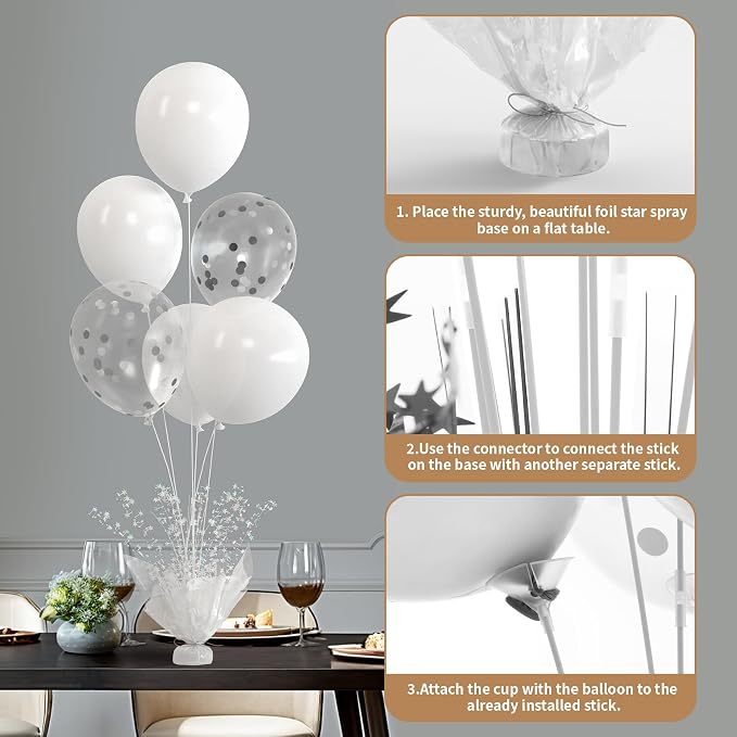 6 Set White Table Balloons Centerpiece with White and Confetti Balloons Stand Kit for Birthday Party Baby Shower Wedding Bridal Shower Prom Cake Table Decorations