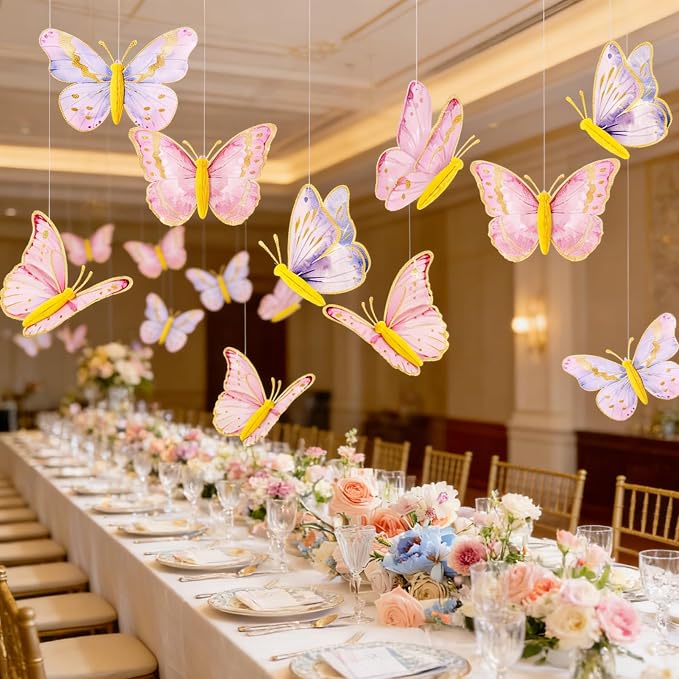 SUNBEAUTY 10 Pcs Butterfly Party Decorations 3D Butterfly Hanging Birthday Decoration Pink Purple Butterflies Honeycomb Decor for Girls Women Birthday Baby Shower Wedding Garden Party Supplies