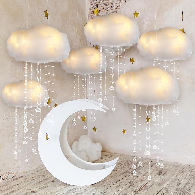Marsui Artificial Cloud Props LED Hanging Cloud Light String Fake Imitation 3D Cotton Classroom School Decor Raindrop for Room Ceiling Baby Shower Party Wedding Nursery Classroom Wall DIY Decor(6 Pcs)