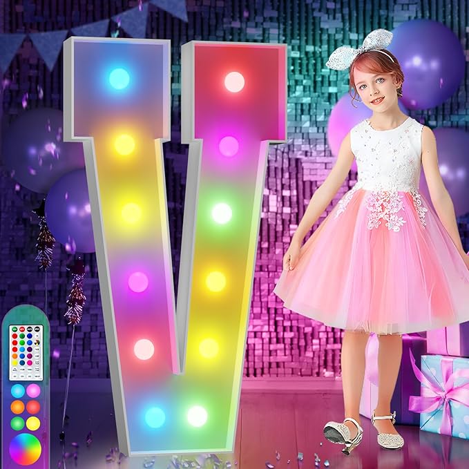 imprsv 4FT Colorful Marquee Letters V, 18 Colors Large Light up Letters Alphabet Sign with Remote, Large Marry Me Sign, Birthday Party Decorations Anniversary Wedding Decoration