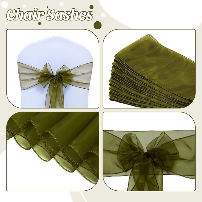 MDS® Pack of 200 Organza Chair Sashes for Wedding Decoration, Reusable Sheer Chair Bows for Banquet Chair Cover, Reception, Bridal Shower, Baby Shower, Birthday Party & Special Events - Olive Green