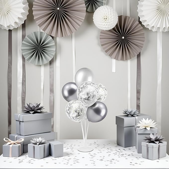 ZJDHPTY 4Set Silver Balloon Stand Table Centerpieces Party Decor | 25th Birthday Decorations 25th Anniversary Wedding Bridal Shower Graduation Graduation Prom New Years Eve Party Supplies