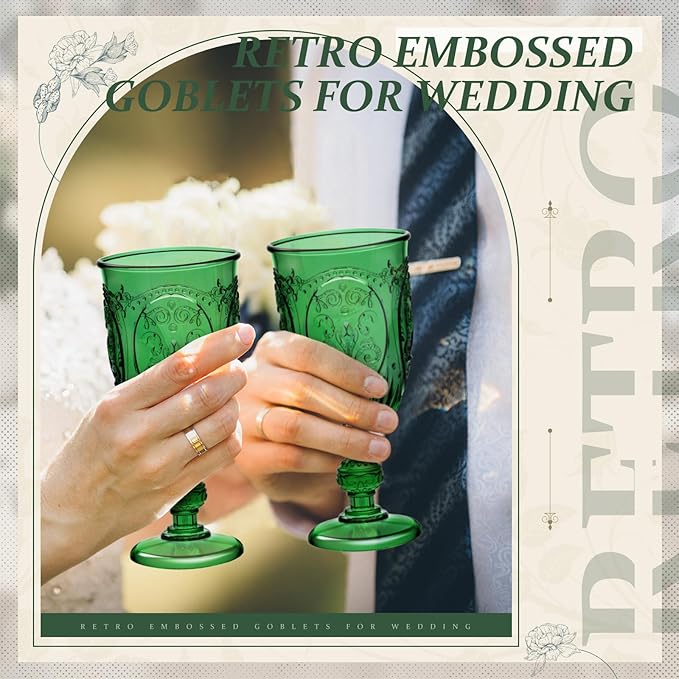 Wiwiqing 24 Pcs Plastic Goblets 7.5oz Vintage Goblet Plastic Wine Glasses Colored Retro Embossed Water Goblets for Wine Bar Juice Baby Shower Wedding Reception Grand Event Party (Dark Green)