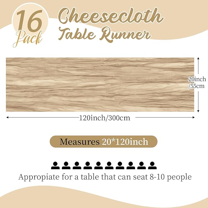 16 Pack Beige Cheesecloth Table Runners 20x120 Inch Gauze Table Runner Cheese Cloth 10FT Beige Table Runner Rustic Sheer Runner for Wedding Birthday Party Baby Shower Table Decor