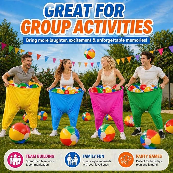 4-Color Team Granny Pants Yard Game with 20 Inflatable Balls & 2 Air Pumps (Random Colors) - Complete Adult Party Set for 8+ Players, The Ultimate Family Reunion Backyard Party Games