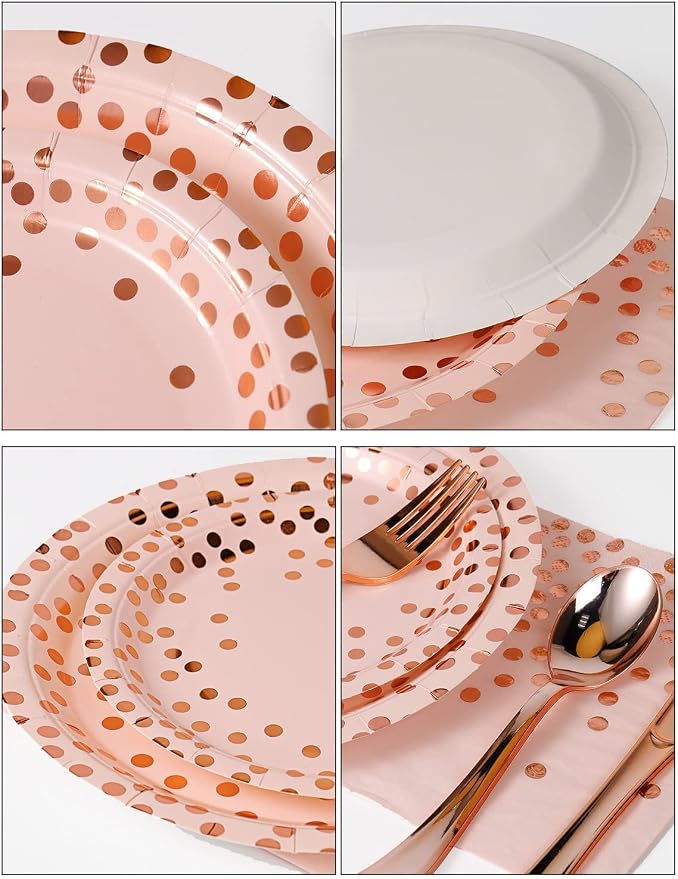 Nkaiso 141 Pieces Pink and Rose Gold Party Supplies, Disposable Party Decorations Sets Include Paper Plates Napkins Cups, Plastic Forks Knives Spoons, for Baby Shower Birthday Wedding -20 Guests