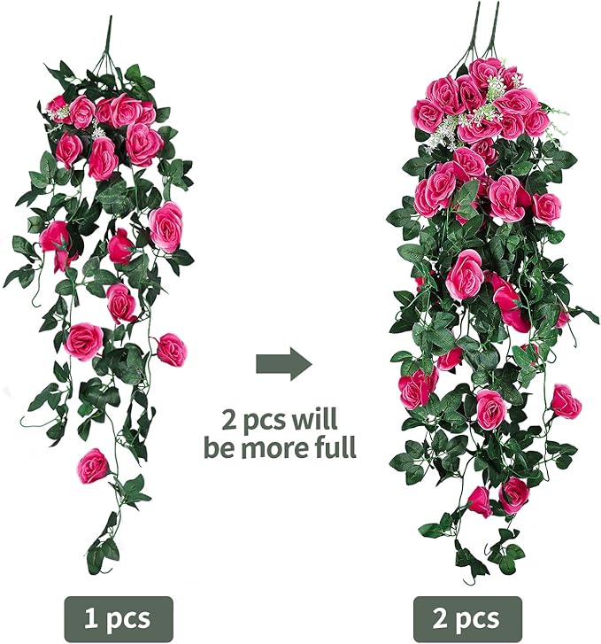 RECUTMS 2PCS Artificial Hanging Flowers 3.3Ft Fake Flower Plants for Home Room Garden Wedding Indoor Outdoor Decoration (Rose Red)