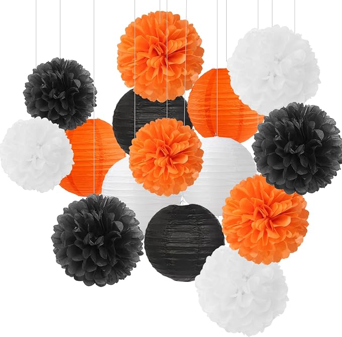 Orange-Black White Party-Decorations Paper-Flowers Lanterns - 15PCS Halloween Tissue Pom Poms Streamers,Vintage Baby Bridal Shower Birthday Bachelorette Wedding Hanging Supplies Decor Hugfond