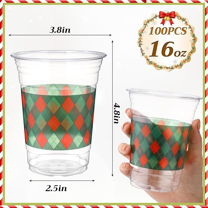 100 Pack Red and Green Plaid Plastic Cups 16 oz Disposable Checkered Spring Party Cups Bulk for Picnic Rustic Birthday Party Baby Shower Supplies