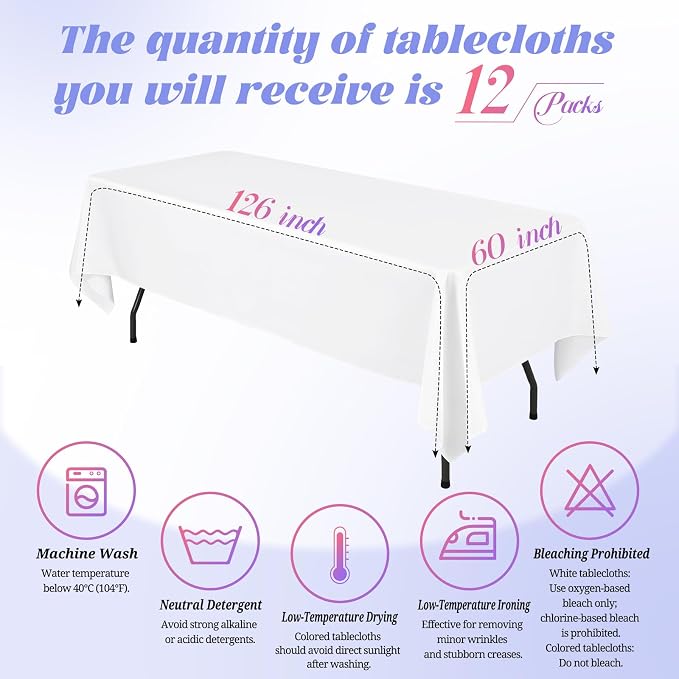 Teruntrue 12 Packs Tablecloths 60x126 inch White Rectangle Table Cloth for 8 Foot Rectangle Tables, Washable Polyester Fabric, for Wedding Parties Banquet Holiday Dinner Table Decorative, White