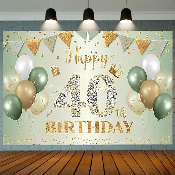 Sage Green Happy 40th Birthday Backdrop Green Gold Balloons Gold Glitter Dots Background Anniversary Decorations 40th Birthday Sign for Men Women Cake Table Supplles (B, 5X3FT)