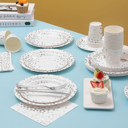 Silver Paper Plates and Napkins Party Supplies, White and Silver Plates Serve 24, 168Pcs Silver Party Decorations for Wedding Bachelorette First Communion Graduation Party