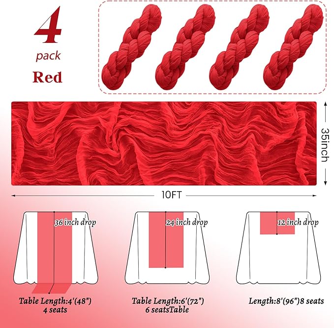 4Pack Red Table Runner 10FT Red Cheesecloth Table Runner 35x120Inch Long Boho Cheese Cloth Table Runners Rustic Gauze Table Runners for Party Christmas Wedding Bridal Baby Shower Decor